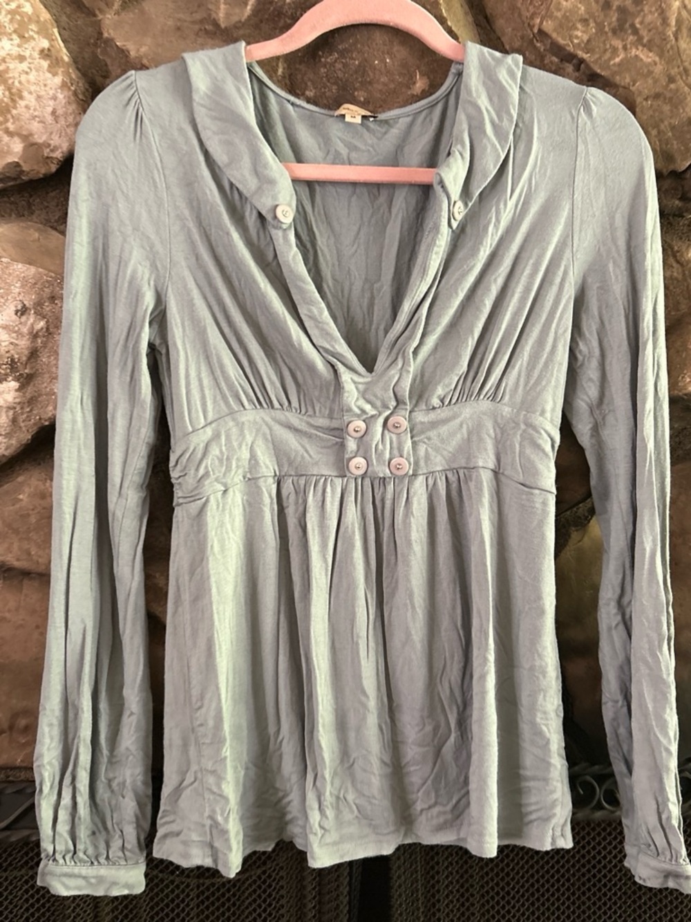 Light Sage Green Women's Long Sleeve V-Neck Button Detail Top